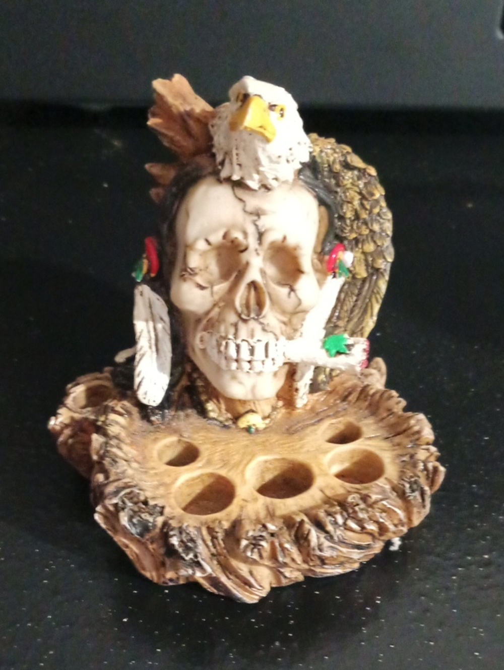 Decorative Skull & Eagle Resin Incense Holder in Brown and White